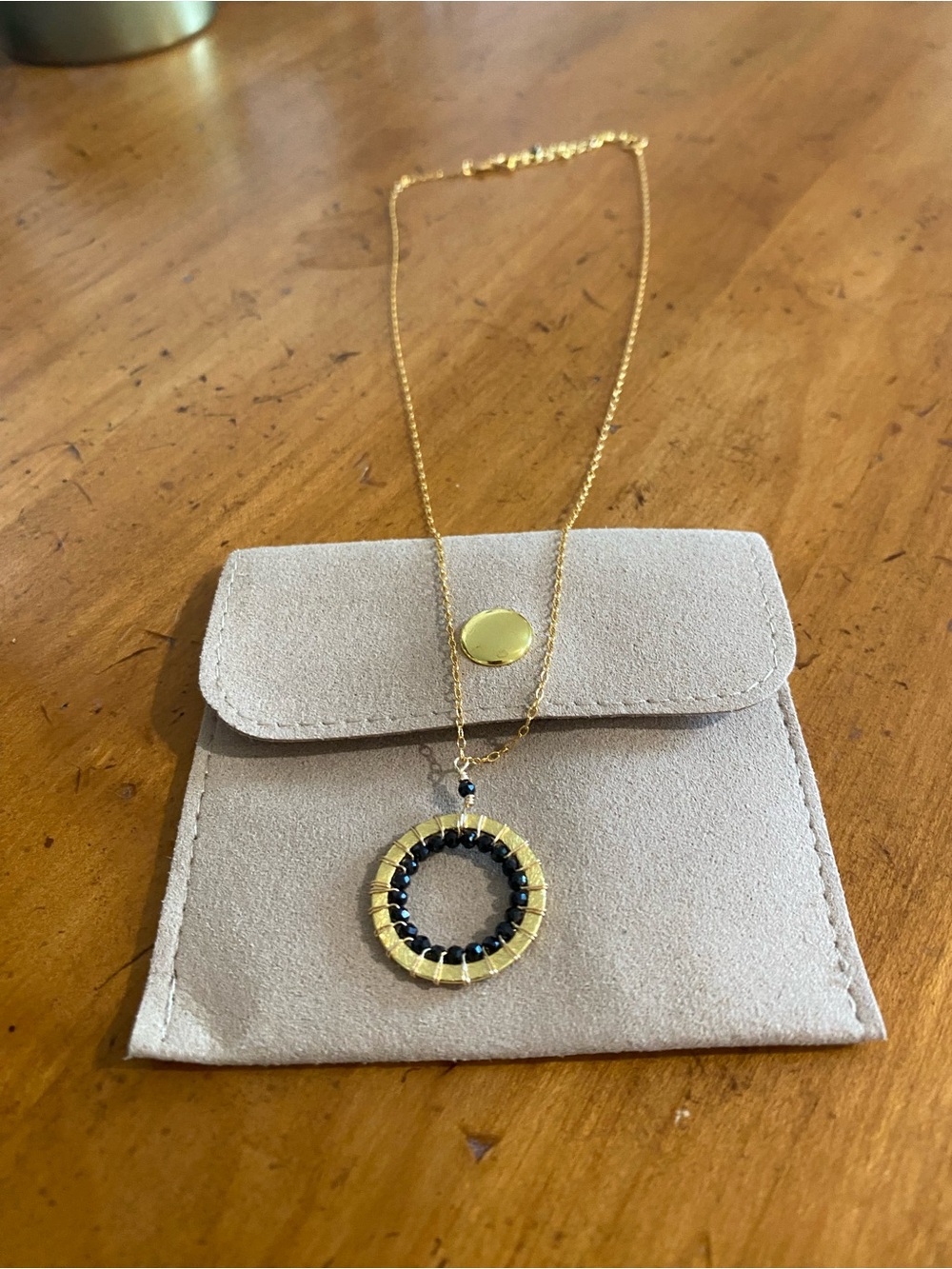 Parken Halo Mini Gold Circle Pendant Necklace with Black Bead Accent